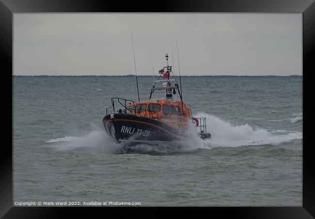 Hastings Lifeboat speeding to the rescue Framed Print by Mark Ward