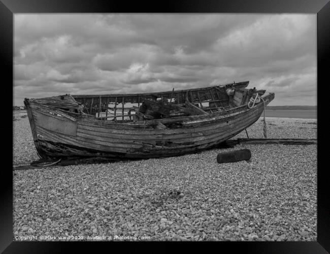 Monochrome Wreck on Greatstone Beach. Framed Print by Mark Ward