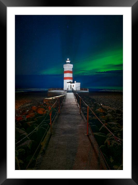 Garður Old Lighthouse with aurora  Framed Mounted Print by Jonny Gios