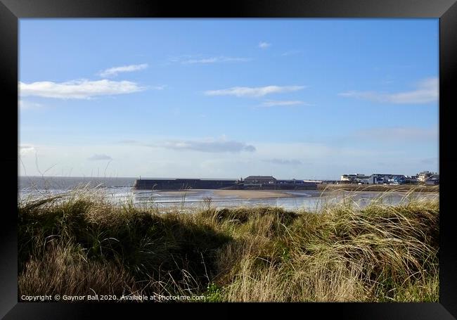 Porthcawl pier and lighthouse from Coney Beach. Framed Print by Gaynor Ball