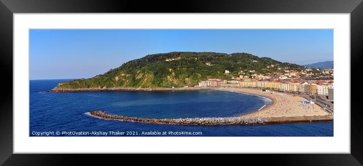 Panoramic view of pristine golden beach, ocean and lush green hills. Framed Mounted Print by PhotOvation-Akshay Thaker