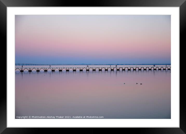 Beautiful twilight pink and blue sunset sky and a boardwalk on Tagus River. Framed Mounted Print by PhotOvation-Akshay Thaker