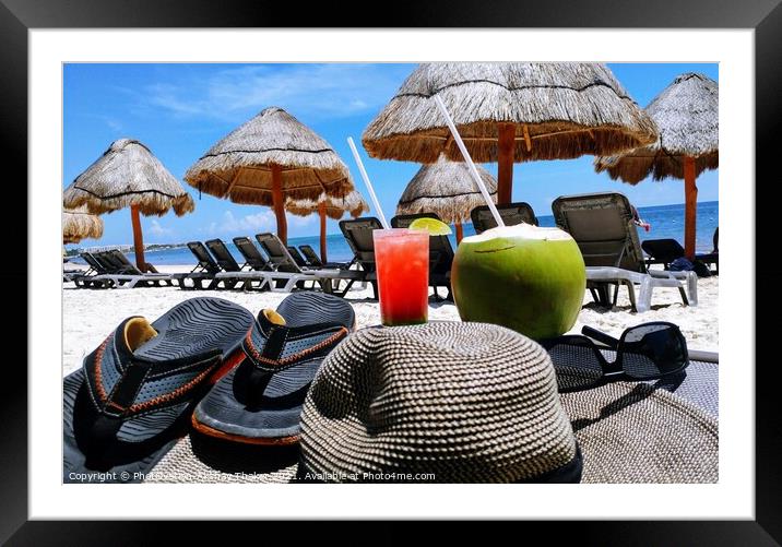 Tropical paradise relaxing vacation view with sun, sand, beach and drinks. Framed Mounted Print by PhotOvation-Akshay Thaker