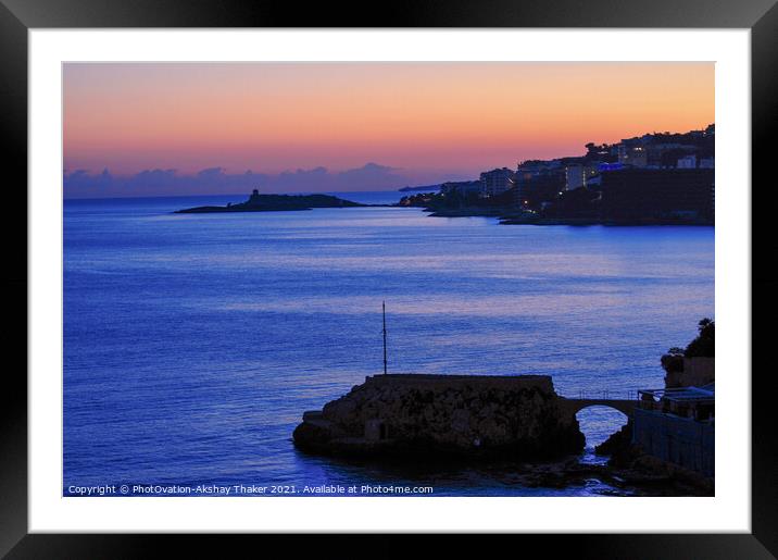 A sunset sky over a body of Mediterranean sea water in Mallorca Framed Mounted Print by PhotOvation-Akshay Thaker