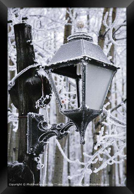 An Abstract of Lamp post with a frost and ice on a freezing winter day. Framed Print by PhotOvation-Akshay Thaker