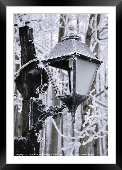 An Abstract of Lamp post with a frost and ice on a freezing winter day. Framed Mounted Print by PhotOvation-Akshay Thaker