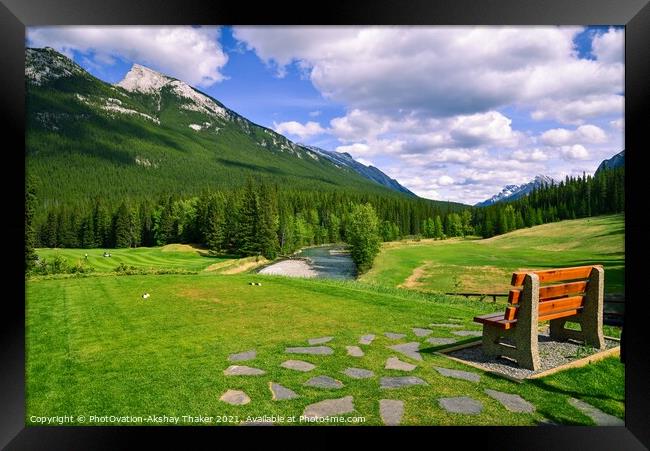 Lush green view of the golf ground in Banff National Park.  Framed Print by PhotOvation-Akshay Thaker