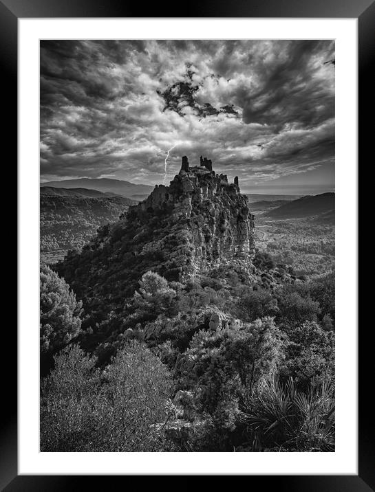 A castle on the mountain under the storm in black and white Framed Mounted Print by Vicen Photo