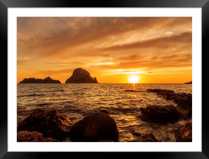 A sunset with the golden sky in Es Vedra, Ibiza Framed Mounted Print by Vicen Photo