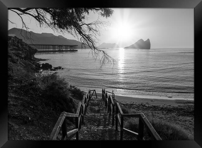 Access stairs to Aguilas beach at sunrise in black and white Framed Print by Vicen Photo