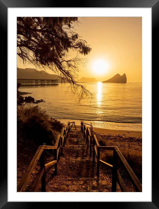 Access stairs to Aguilas beach in a golden sunrise Framed Mounted Print by Vicen Photo