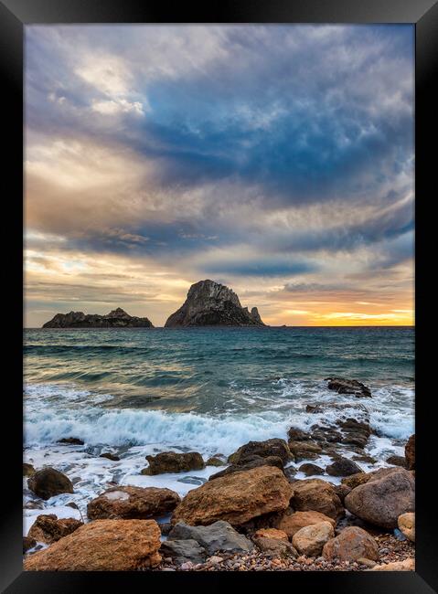 Photography with a multicolored sky at sunset with Es Vedra on the horizon Framed Print by Vicen Photo
