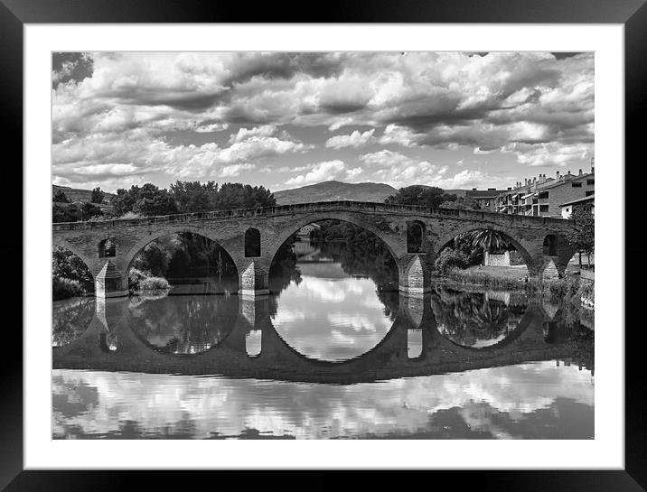 Photography with a Roman bridge on the Camino de Santiago in black and white Framed Mounted Print by Vicen Photo