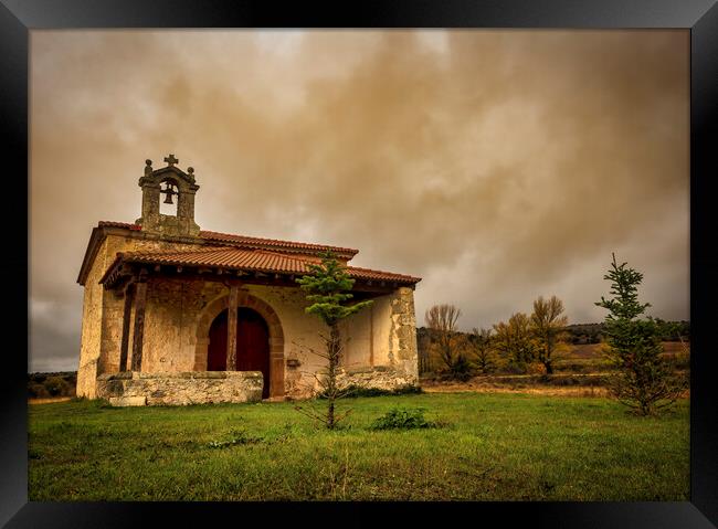 Photograph with a lonely hermitage in Soria under a cloudy sky Framed Print by Vicen Photo