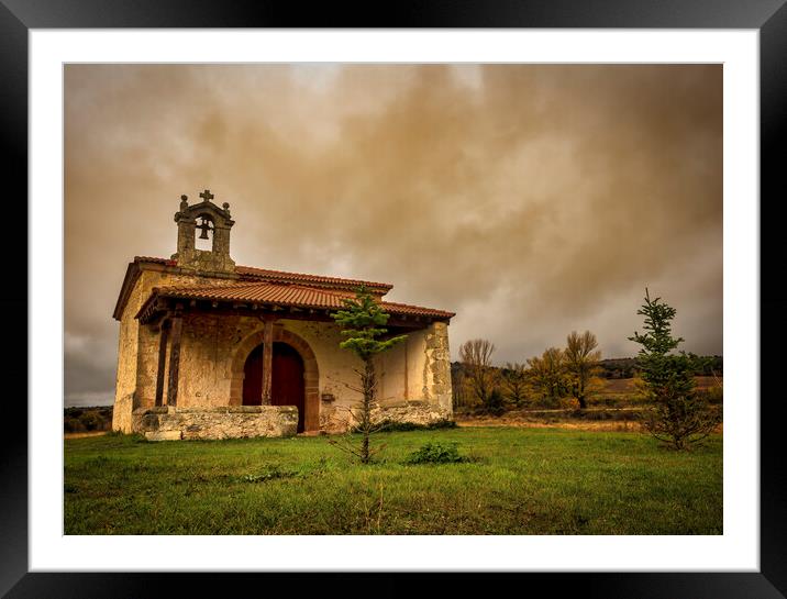 Photograph with a lonely hermitage in Soria under a cloudy sky Framed Mounted Print by Vicen Photo