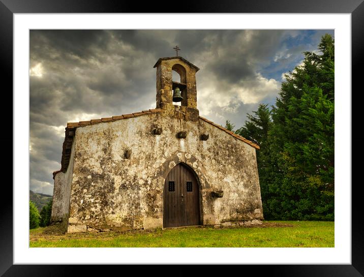 Photography with a small hermitage in Zarautz under the cloudy sky Framed Mounted Print by Vicen Photo