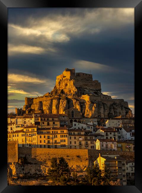 Photography with the town and castle of Morella on the hill under the clouds Framed Print by Vicen Photo