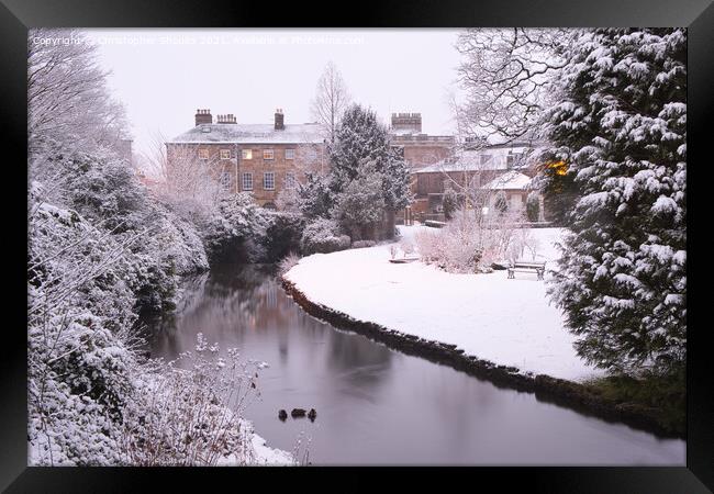 River Wye running through the snowy town of Buxton Framed Print by Christopher Shoults