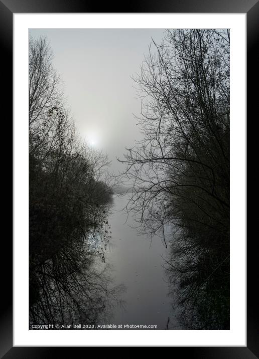 Misty sun over lake in Monochrome Framed Mounted Print by Allan Bell