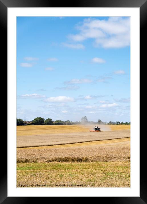 Combine harvester reaping a wheat crop Framed Mounted Print by Allan Bell