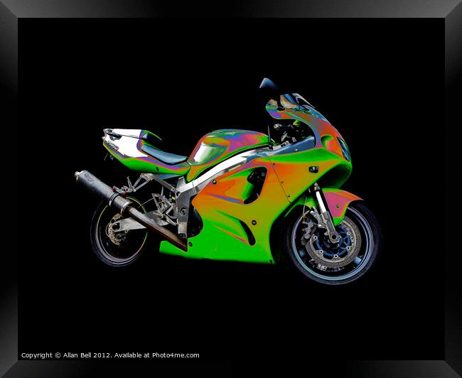 Solarised Green Motorbike on Black Background Framed Print by Allan Bell