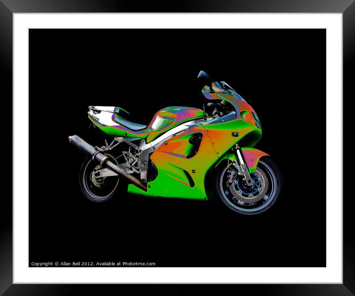 Solarised Green Motorbike on Black Background Framed Mounted Print by Allan Bell