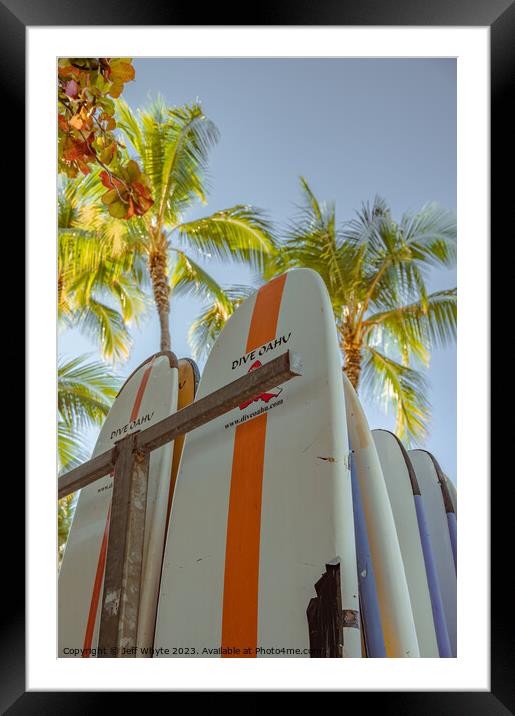 Surfboards on Waikiki Beach Framed Mounted Print by Jeff Whyte