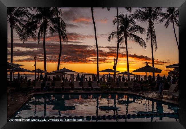 Sunset from the Moan Surfrider, Waikiki Framed Print by Jeff Whyte