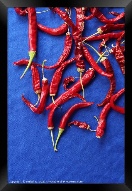 Red Chilli Peppers on Blue Framed Print by Imladris 