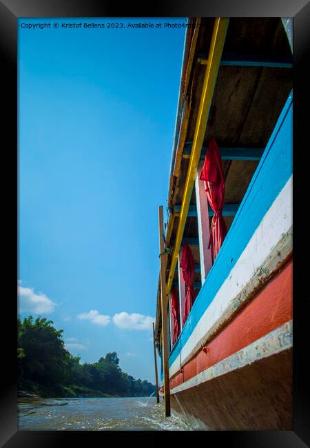 Travelling the Mekong bordering Laos and Thailand by slow boat, mountains bordering the river. Framed Print by Kristof Bellens