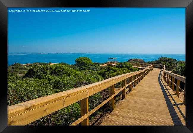 View on wooden elevated boardwalk at Lagos beach in Algarve, Portugal Framed Print by Kristof Bellens