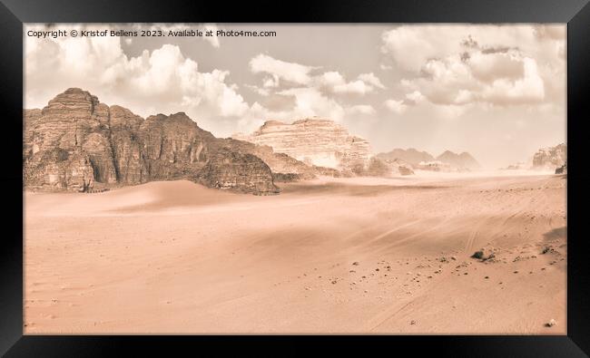 Panorama of the Wadi Rum desert in Jordan with retro or vintage faded monochrome mood Framed Print by Kristof Bellens