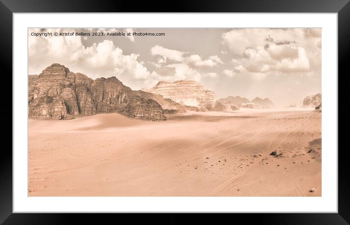 Panorama of the Wadi Rum desert in Jordan with retro or vintage faded monochrome mood Framed Mounted Print by Kristof Bellens