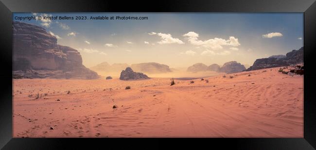 Desert scene at Wadi Rum, Jordan, light sand storm in the distance Framed Print by Kristof Bellens