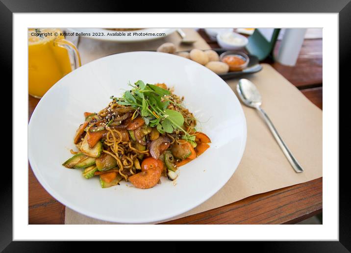 Plate with vegan asian food. Wok noodles with vegetables Framed Mounted Print by Kristof Bellens