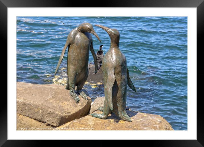 Penguin scuptures on the waterfront - Hobart Framed Mounted Print by Laszlo Konya