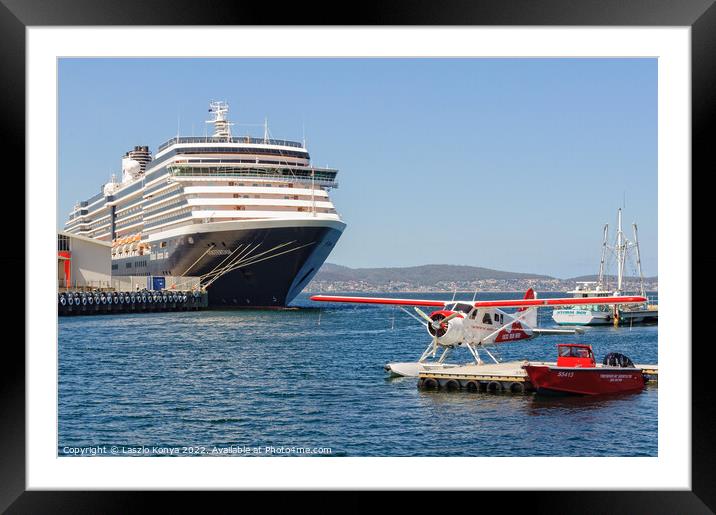 A cruise ship and a seaplane - Hobart Framed Mounted Print by Laszlo Konya
