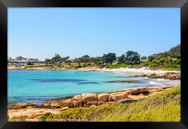 Sandy beach and shallow water - Bicheno Framed Print by Laszlo Konya