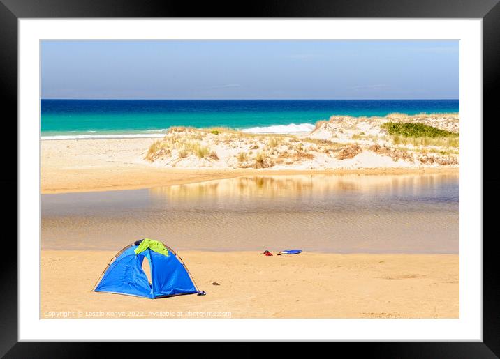 Beach tent on  Little Beach - Chain of Lagoons Framed Mounted Print by Laszlo Konya