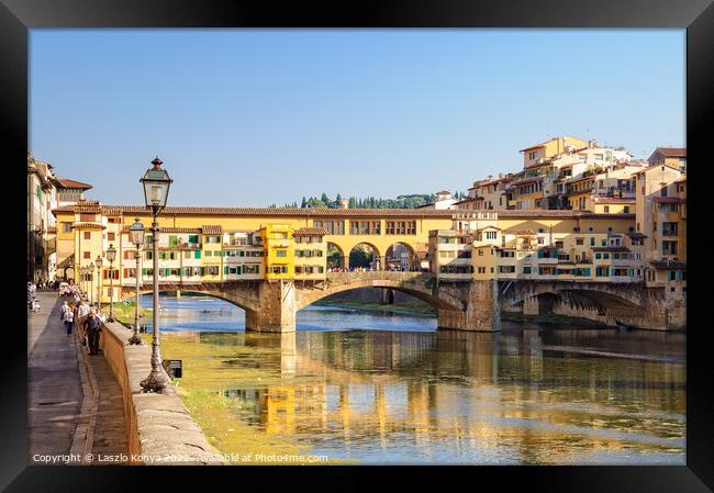 Lungarno degli Acciaiuoli and the Ponte Vecchio - Florence Framed Print by Laszlo Konya