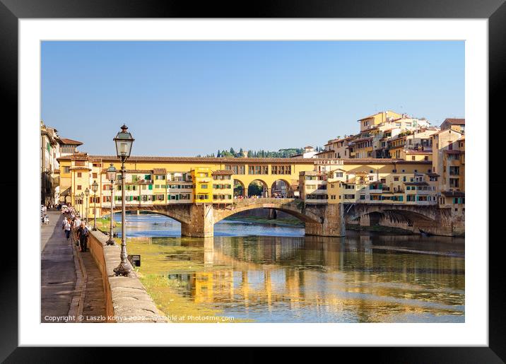 Lungarno degli Acciaiuoli and the Ponte Vecchio - Florence Framed Mounted Print by Laszlo Konya