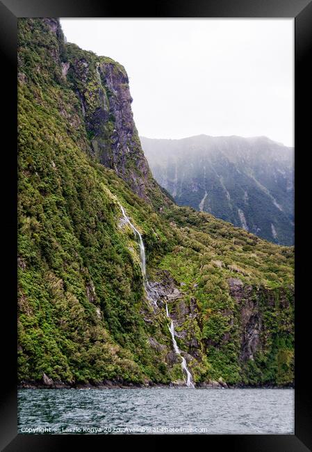 Soft Cascading Waterfall - Milford Sound Framed Print by Laszlo Konya