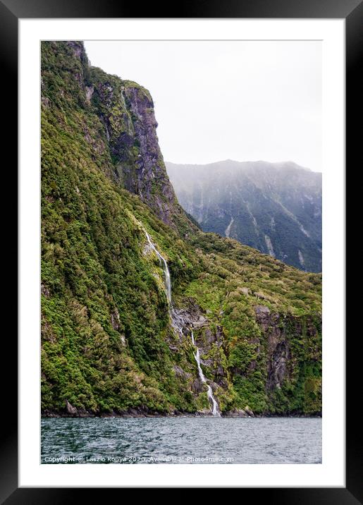 Soft Cascading Waterfall - Milford Sound Framed Mounted Print by Laszlo Konya