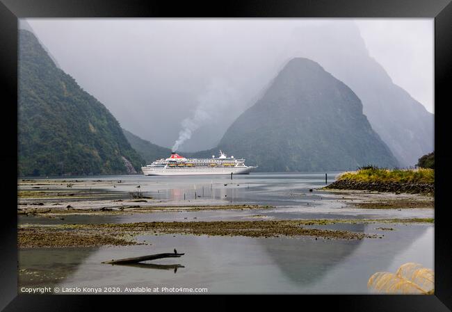 Cruise ship - Milford Sound Framed Print by Laszlo Konya