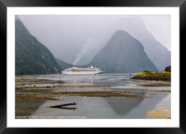 Cruise ship - Milford Sound Framed Mounted Print by Laszlo Konya