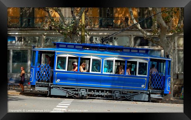 Blue Tram - Barcelona Framed Print by Laszlo Konya