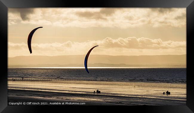 Kite Buggies on golden sands Framed Print by Cliff Kinch