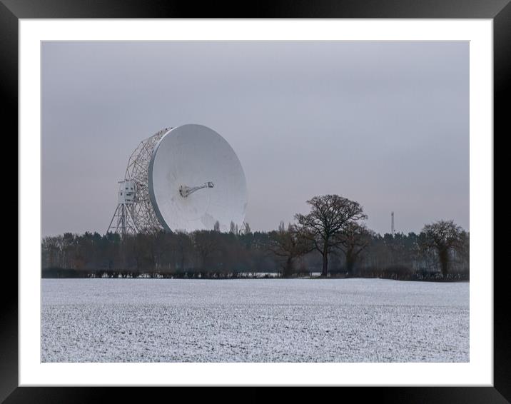 Jodrell Bank in a snow covered field Framed Mounted Print by Vicky Outen