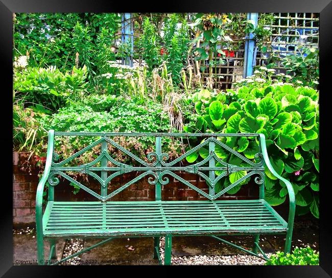 Green Wrought Iron Bench Framed Print by Stephanie Moore