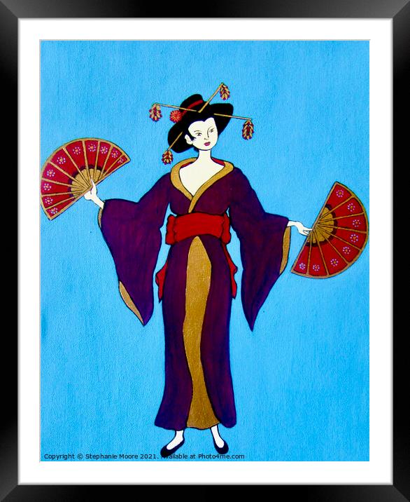 Geisha with Two Fans Framed Mounted Print by Stephanie Moore